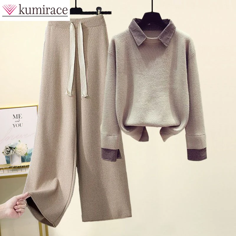 

Autumn and Winter 2022 Loose Two-piece Suit Women's Knitwear Drawcord Pendulous Wide Leg Pants Two-piece High Quality Pants Suit