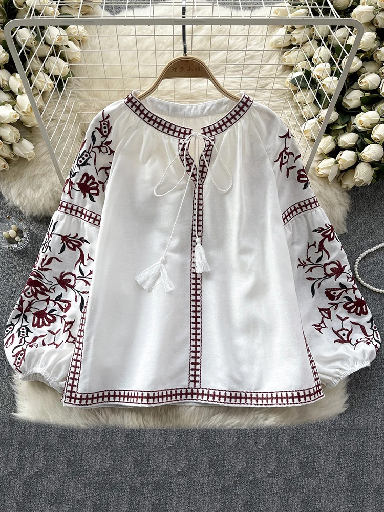

Women's Retro Blouse National Style Embroidered Lace-Up Tassel V-Neck Lantern Sleeve Tops Loose All-Match Female Blusa A02