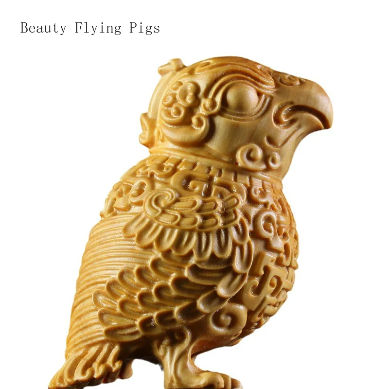 1PCS Yellow Poplar Wooden Carved Retro Owl Handle Tea Pet Bird Cultural and Amusement Decoration