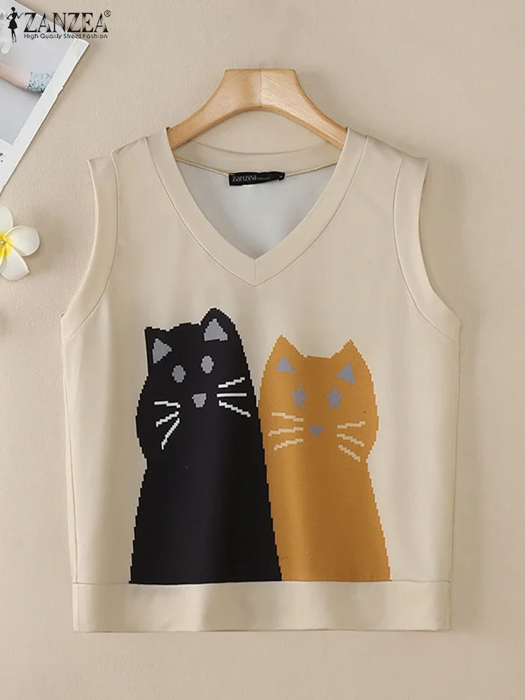 ZANZEA 2025 الخريف المرأة بلا أكمام لطيف تانك القمم خمر الكرتون المطبوعة سترات عطلة الخامس الرقبة محبوك وتتسابق بسيطة الستر