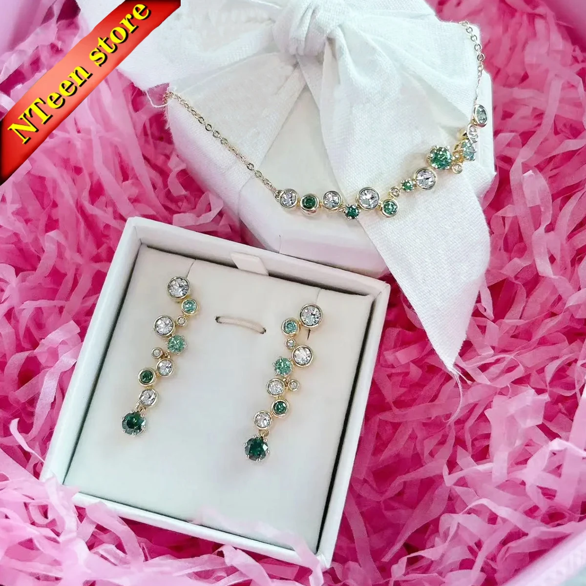 

Original 2025 New Trend Party Jewelry Sets Charm Green Water Drop Crystal Fashion Necklace Ring Earrings Romantic Gift for Women