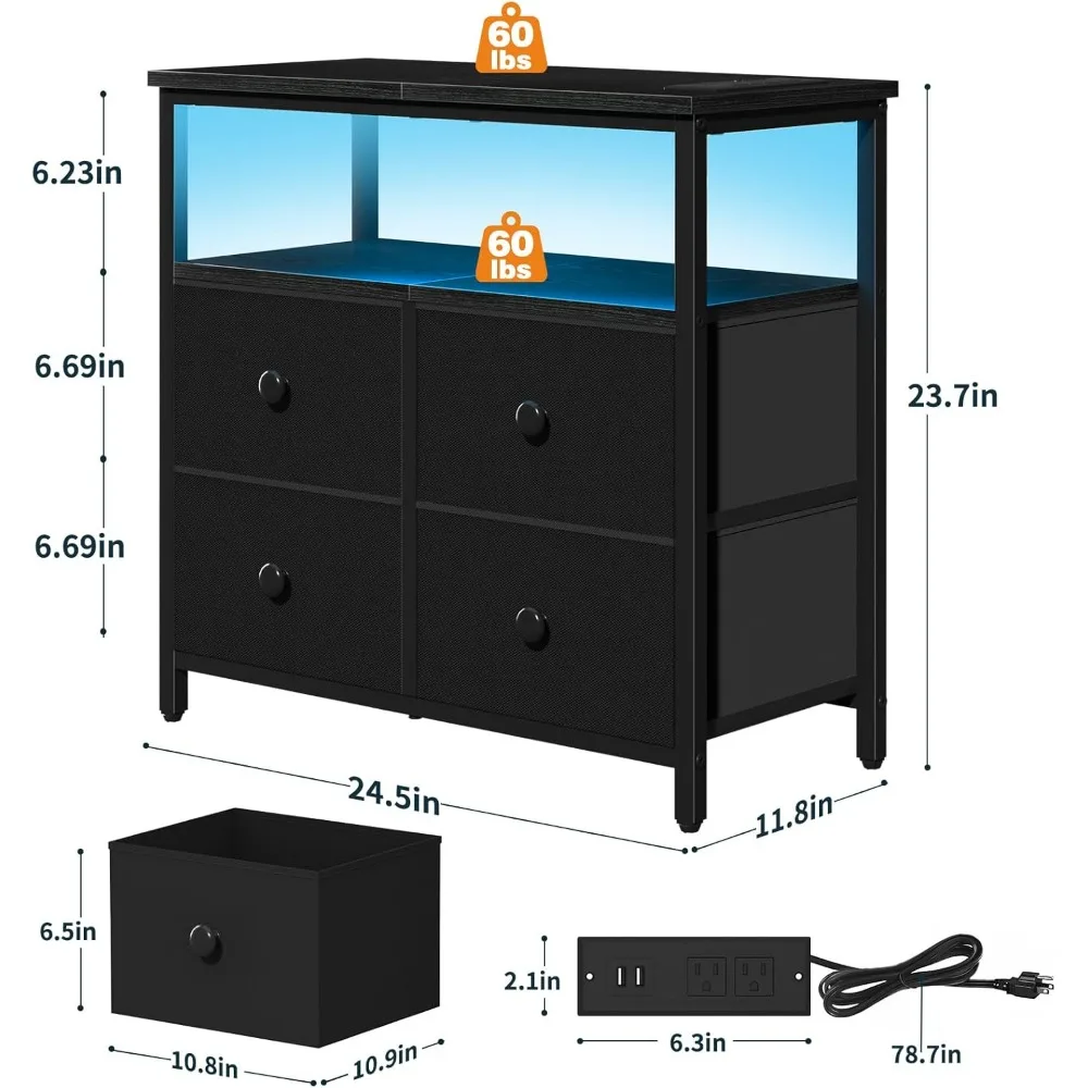 Mesita de noche con estación de carga, mesita de noche con 4 cajones, cómoda LED con estante de almacenamiento, mesitas de noche f