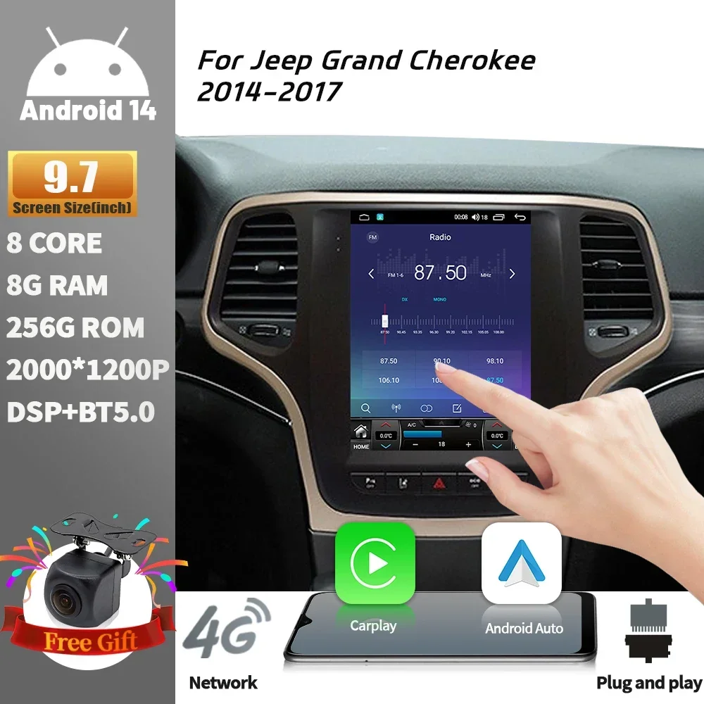 9.7inch Android 14 Car Radio For Jeep Grand Cherokee 2014-2017 Stereo Multimedia 4G GPS Wireless Bluetooth Carplay Touch Screen