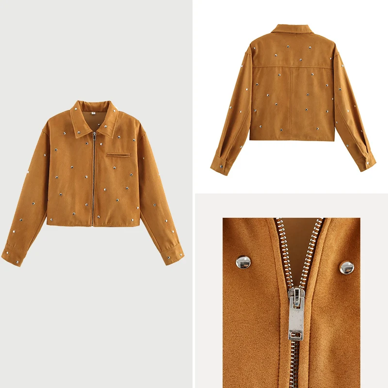 

Z Women's Faion Suede Jaet Spring 2025 Simple Sli Rivet Decoration Polyester Fiber ort Outerwear