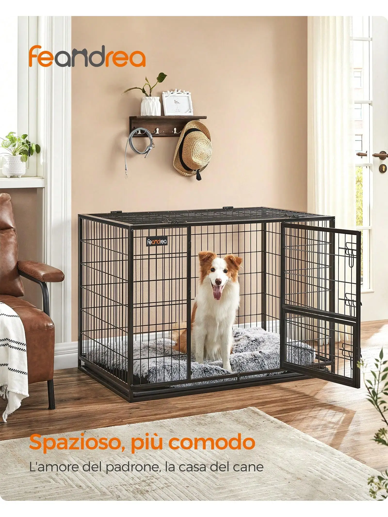 Feandrea XL Dog Crate: 107 x 70 x 74.9 cm for Large/Medium Dogs. Double removable door, easy cleaning. Black.