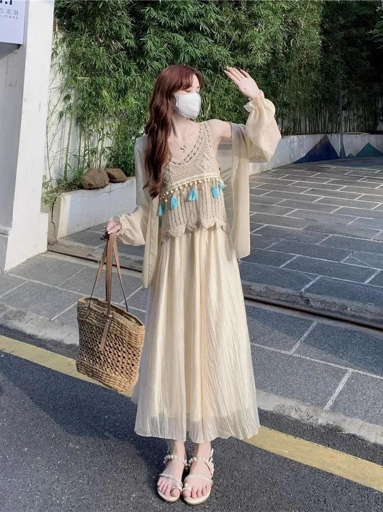 Hollow-out Tassel Halter Top women's Fall sun-proof Sweater Set New long-sleeved Skirt three-piece Set Robe Chinoise