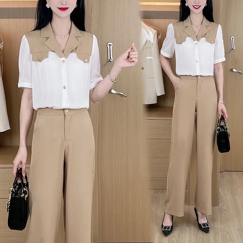 Elegant Fashion Color Matching Short Sleeve Shirt Two Piece Sets Summer New Office Lady Commuter High Waist Wide Leg Pants Set