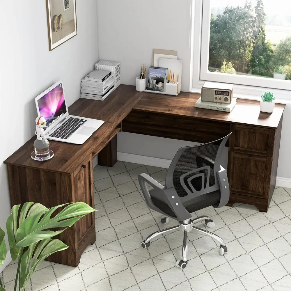 L-Shaped Office Desk with StorageDrawers & Keyboard Tray, with Cabinet & Inner Adjustable Shelf,Space-Saving Study Writing Desk