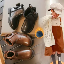 Bota de couro com arco para meninas, bota curta infantil, sapatos de pelúcia, princesa, algodão, nova moda, outono, inverno