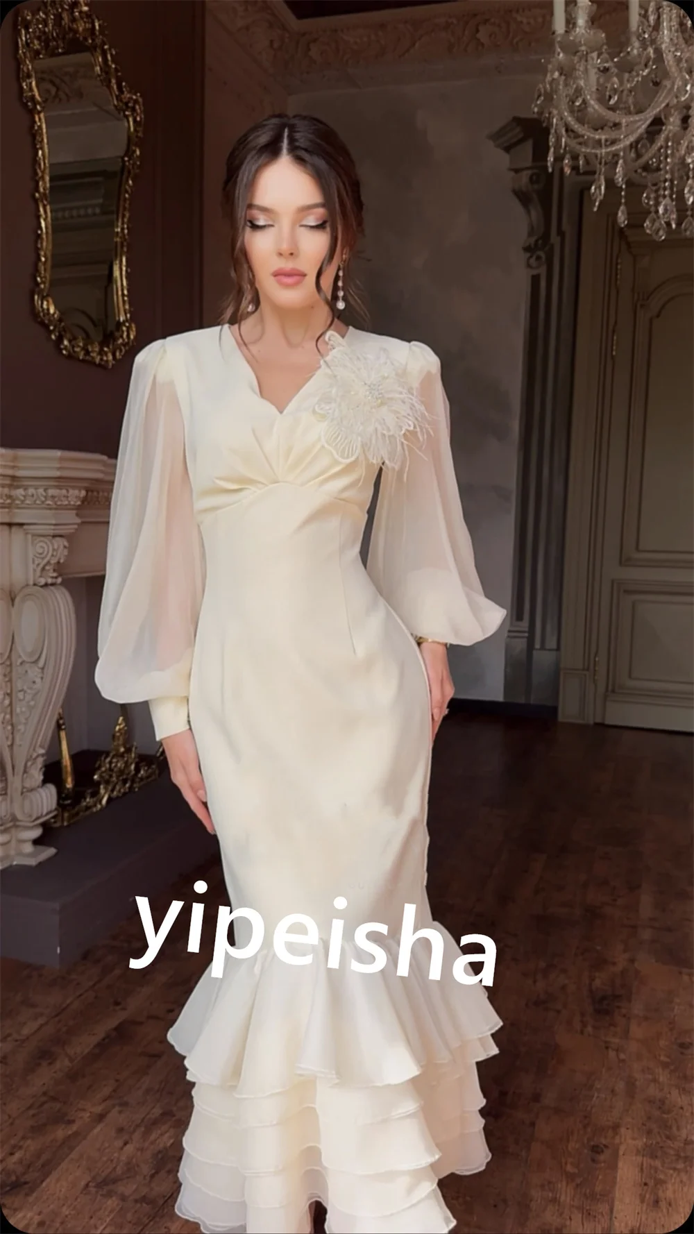 Robe de Fiançailles en Mousseline de Soie Plissée, Sirène, Col en V, sur Mesure, pour Occasions, Mi-Longue