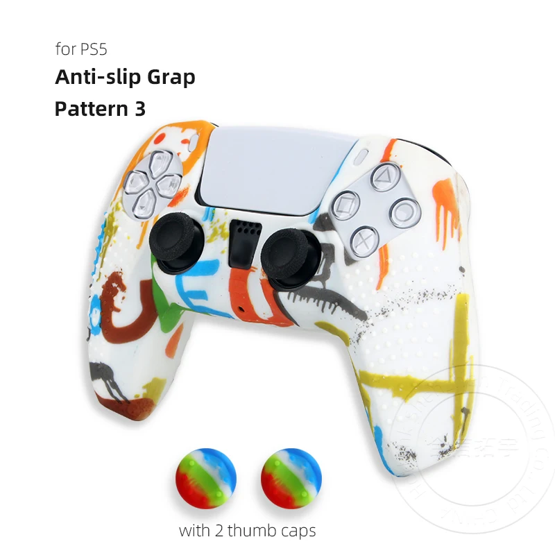HOTHINK 1set Water Transfer Printing Silicone Protective Case Cover Skin for PS5 Controller with 2pcs Thumb Caps
