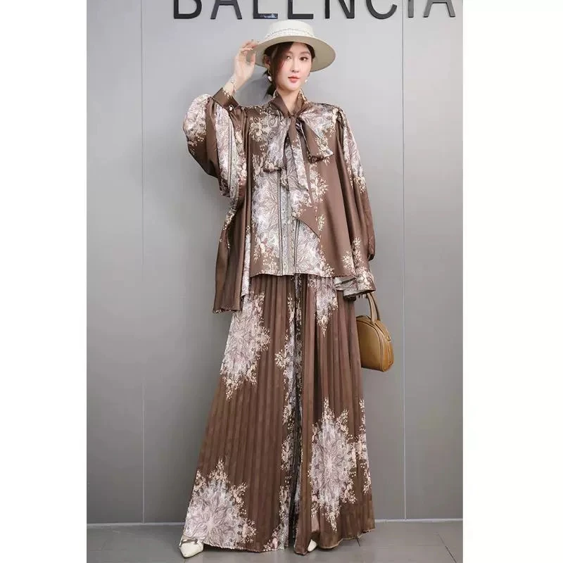 

2024 Autumn Chinese Style Elegant Women's Lantern Sleeves Loose Top Wide Leg Skirt Pants Two-piece Set J597