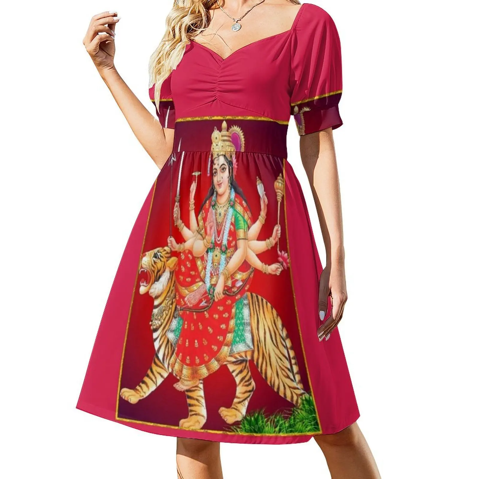 فستان Amba Ambe Jai Mata Di Goddess Devi maa Ambe Ma بوهيمي بدون أكمام للنساء مطبوع فساتين حفلات الشاطئ Amba Ambe Jai Mata