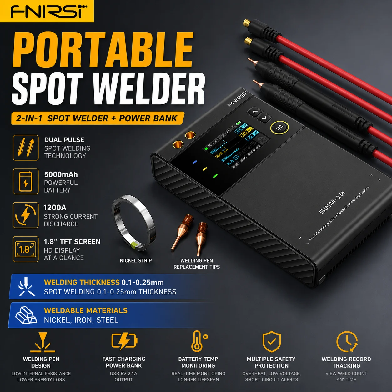 

FNIRSI SWM-10 Handheld Spot Welder TFT Color Screen 5000mah Adjustable MAX 0.25mm Nickel Iron Sheet DIY Tool for 18650 Battery