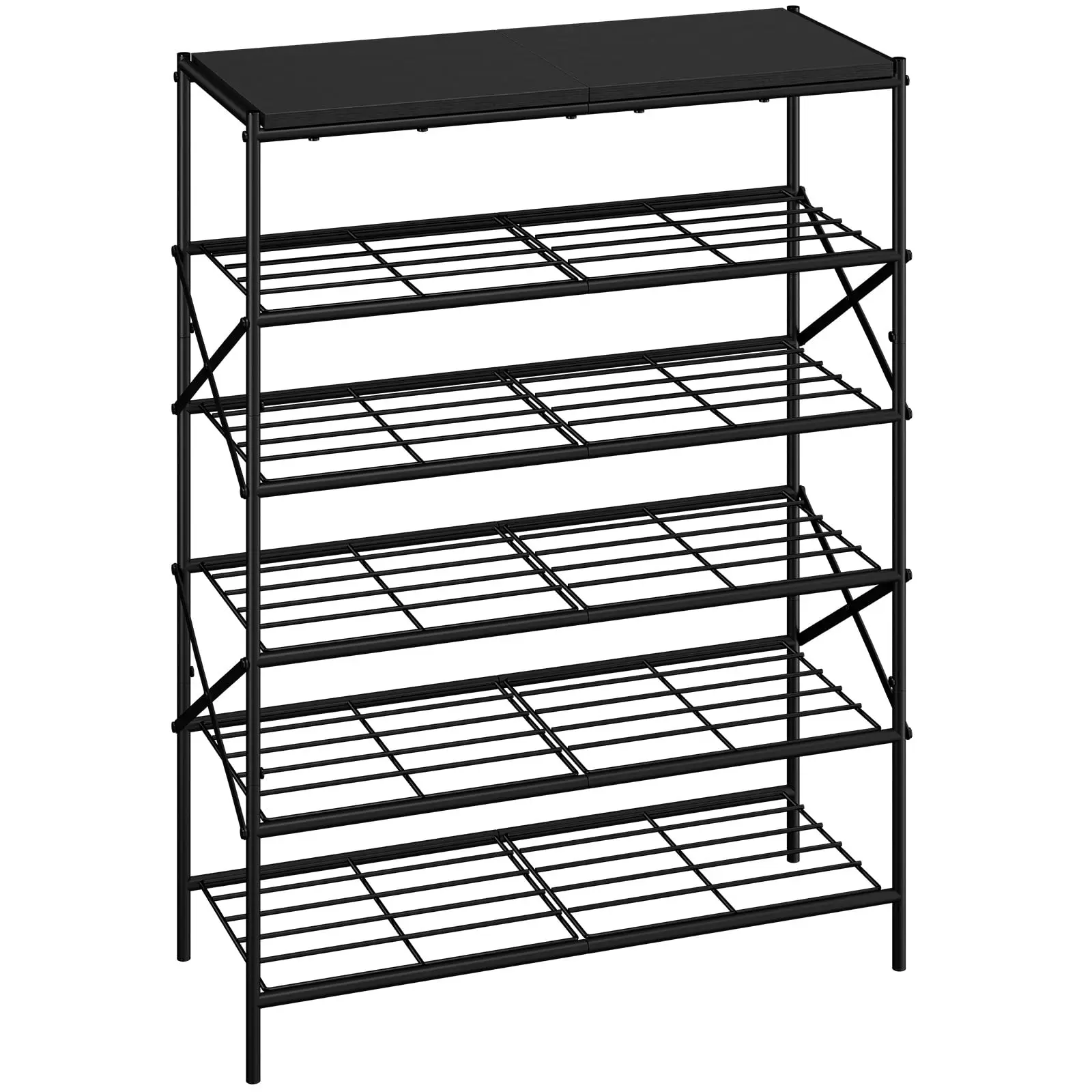 

Six-Level Metal Shoe Storage Unit With Solid Top Shelf, Holds 24 Pairs, Black Finish For Hallway, Entryway, Closet, Garage