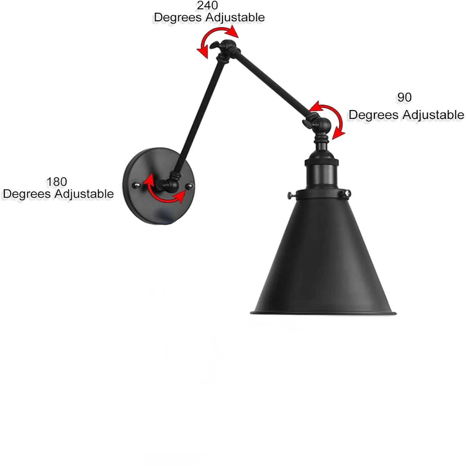 Industrielle, helle, schwarze Lackierung, verstellbare Armlehnen für Schlafzimmer, Wandleuchte, Metall-Plug-in-Lampe