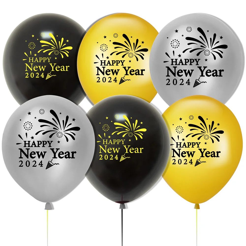 15 Pcs New Year's Eve Party Supplies 2024 Silvery Black Gold Happy New Year Latex Balloons NYE Countdown Celebration Eve Decor