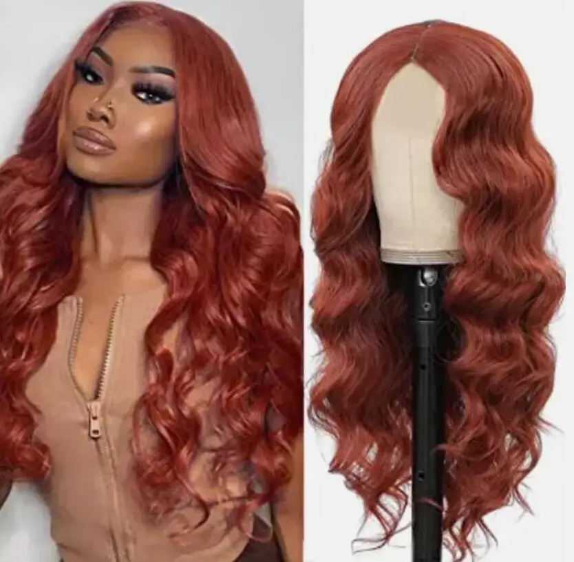 Women Long Copper Red Cosplay Wigs Synthetic hair None Lace Heat Safe Orange Wig