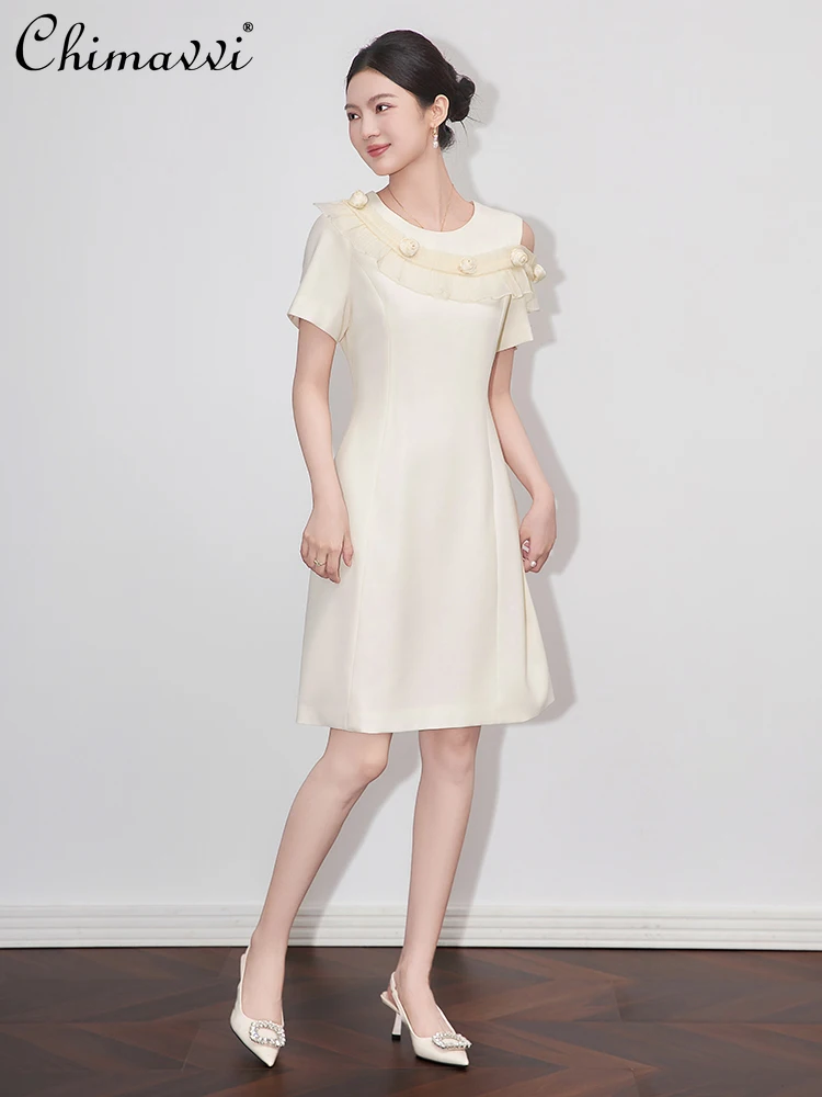 

Французские элегантные офисные женские пригородные платья, летнее черное платье с круглым вырезом и открытыми плечами, короткими рукавами и 3D цветком, с высокой талией