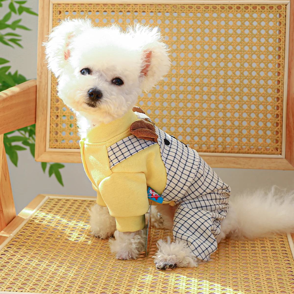 1PC Pet Clothing Dog Spring and Autumn Bear Checkered Four legged Strap Pants with Towing Rope and Buckle For Small Medium Dogs