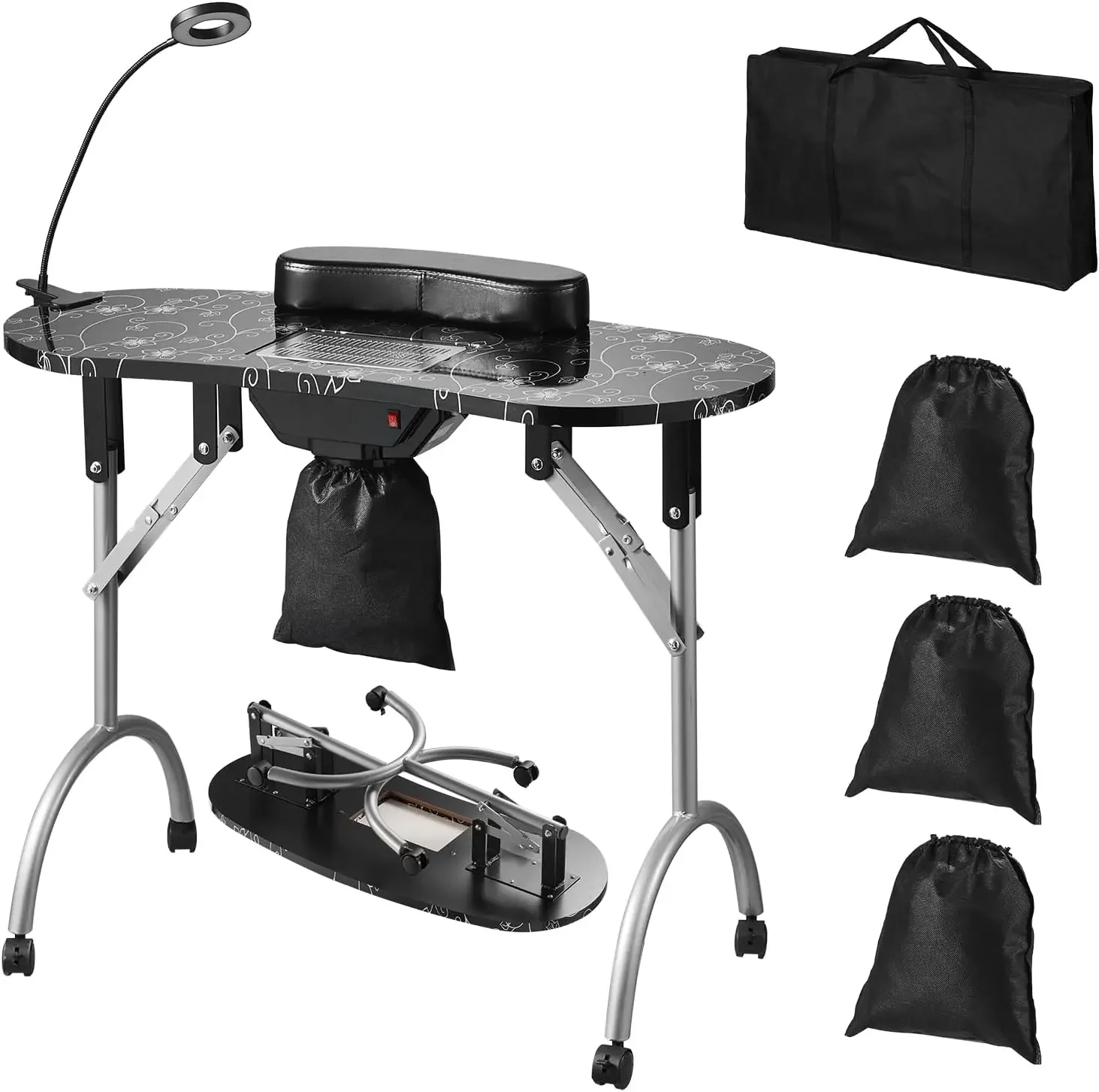 Portable Manicure Table, Foldable Nail Table with Electric Dust Collector, Moveable Nail Tech Desk & 4 Wheels, 3 Dust Bags, Bend