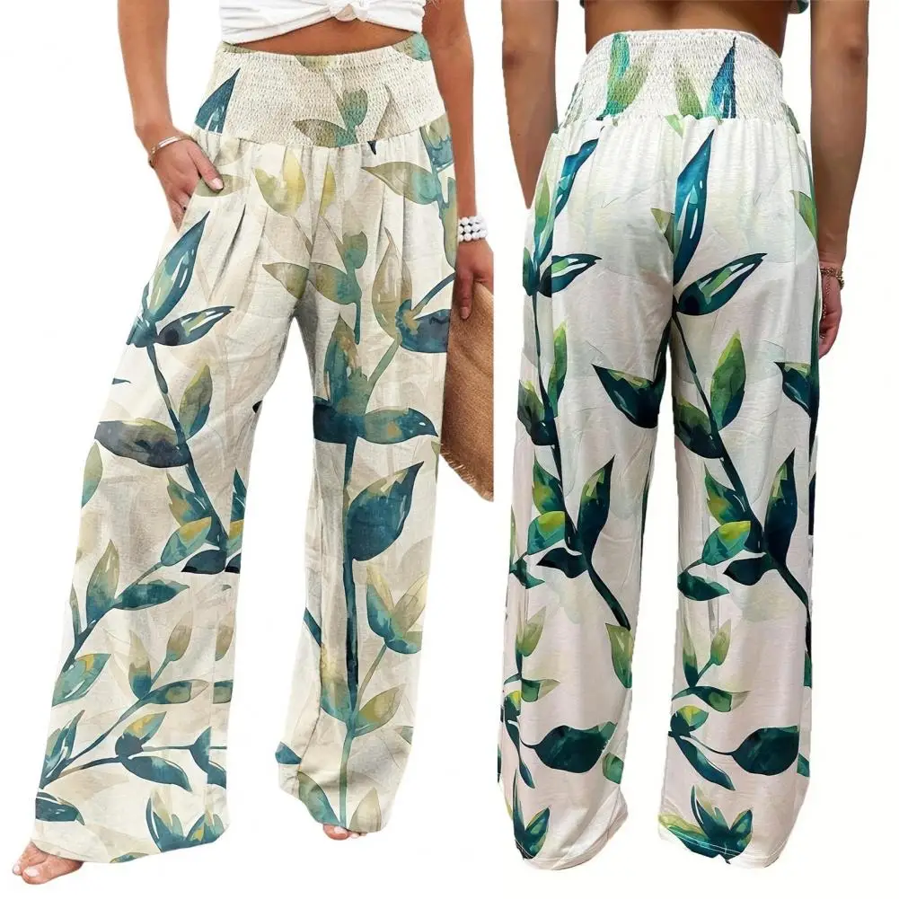 

Women Casual Trousers Flower Leaf Printed Women's Casual Pants Elastic High Waist Wide Leg Trousers with Pockets Stylish for A