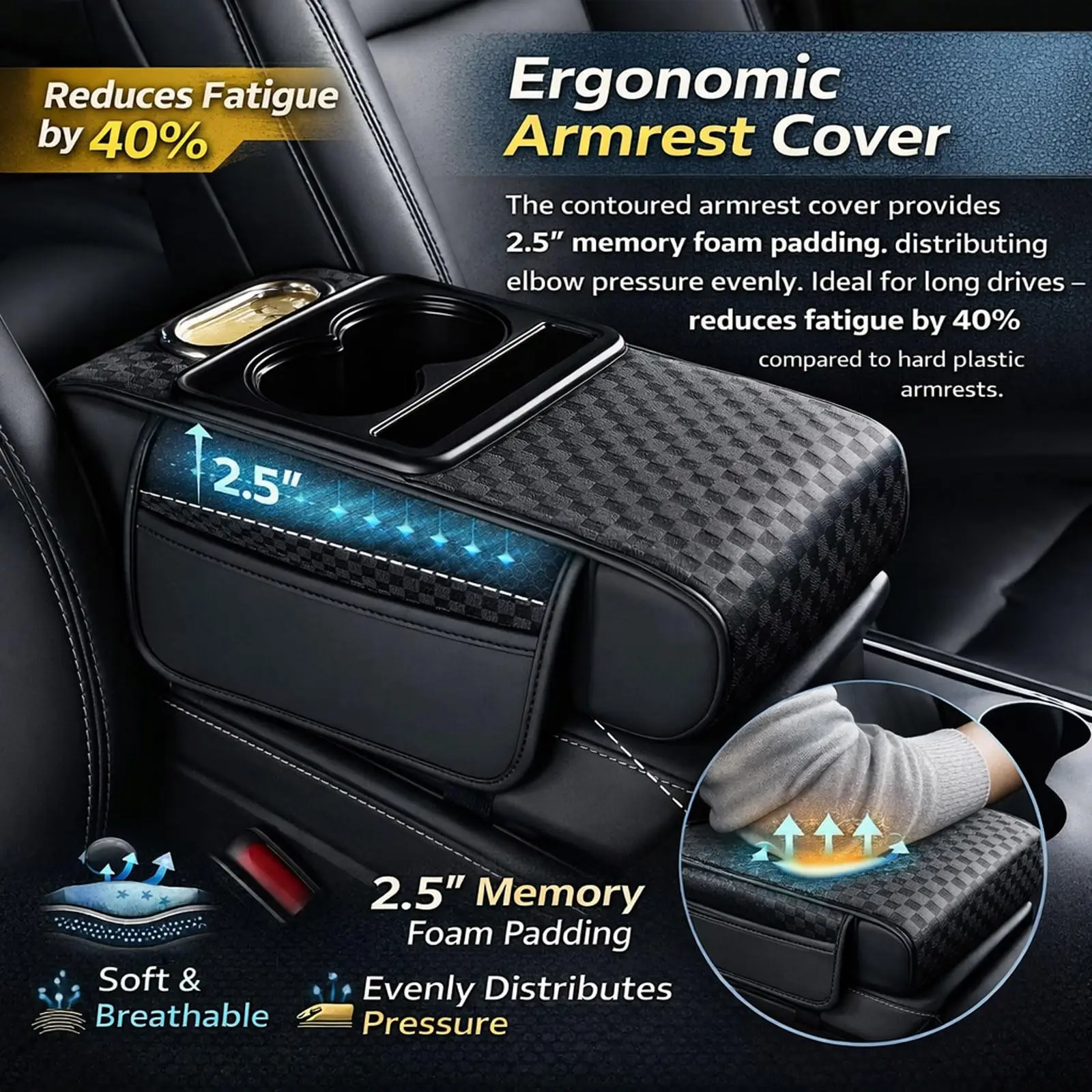 Universal Car Armrest Cover with Tissue Box & Cup Holders, Memory Foam Center Console Organizer, 5-in-1 Car Armrest Storage Box