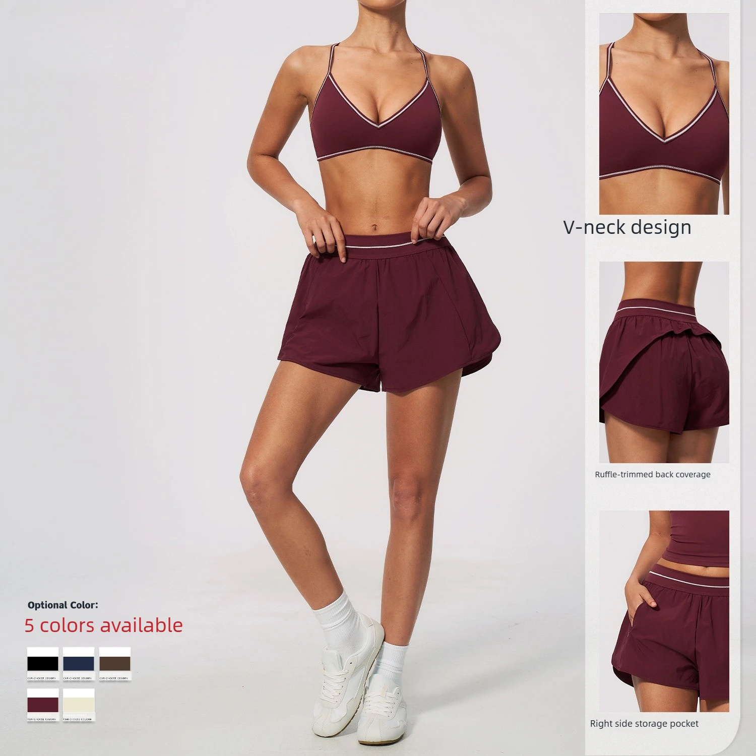Women Contrast Piping 2 Piece Workout Set Tennis Outfit Y Back Sports Bra 2 in 1 Layered Running Shorts Gym Yoga Training Suit