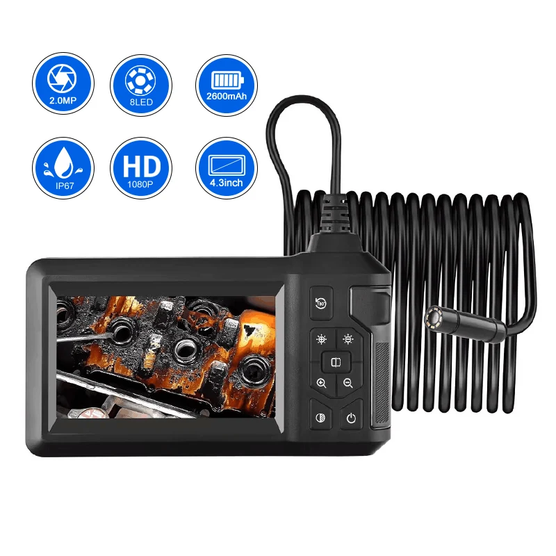 Kamera endoskopowa 4.3" 1080P HD z pojedynczą i podwójną soczewką, kamera inspekcyjna boreskopowa, wodoszczelna IP67, endoskop przemysłowy z baterią 2000AMH do samochodu. — 2