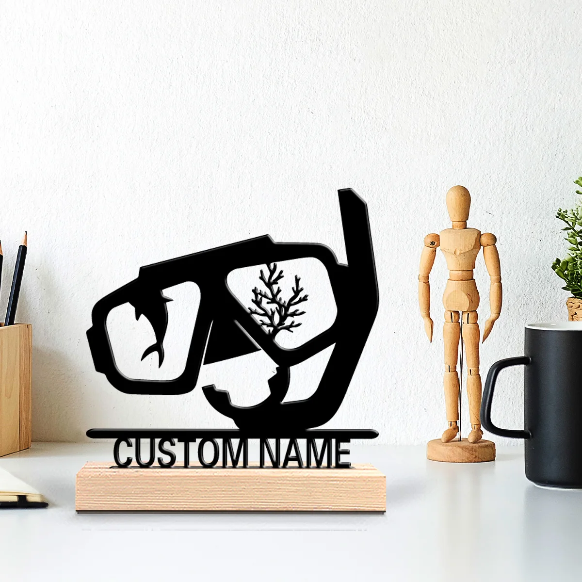 1pc Abstract Diving goggles Custom Letter Tin Statue Metal Ornament With Wood Base Metal OrnamentFor Home Decor