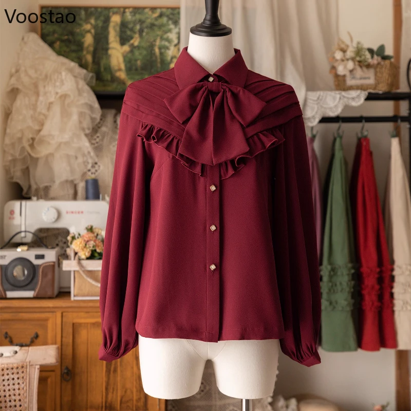 Victorian Vintage Lolita Style Shirt Women Classical Elegant Bow Ruffles Long Sleeve Cute Blouse Female Casual Sweet Tops Blusas
