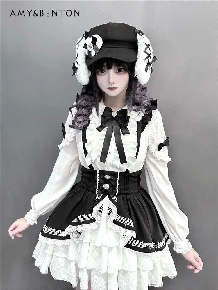 

Original Lolita Style Mass-produced Bow Lace Long Sleeve Shirt + Cake Strap Skirt Sets Mine Series Sweet Cute Two Piece Sets