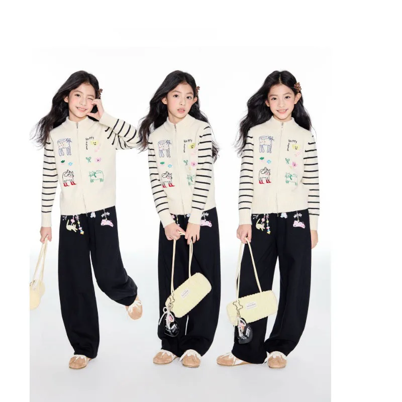 Girls' Cat Embroidery Sweater, New Autumn Product, Stylish Casual Versatile Cardigan for Older Children