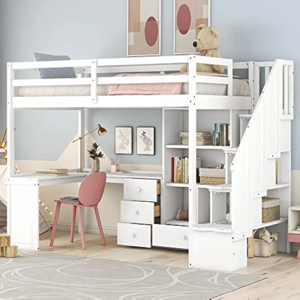 Twin Loft Bed with Stairs and L-Shaped Desk, Solid Wood Loft Bed Frame with Bookcase and Storage Drawers, for Kids Teens Adults