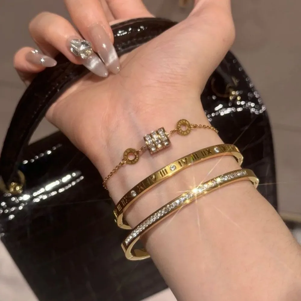 Yupsk 3pcs/1Pcs Shiny Zircon Inlaid Roman Numerals Stacked Bracelet for Women Exquisite Trendy Daily Wear Jewelry Accessories