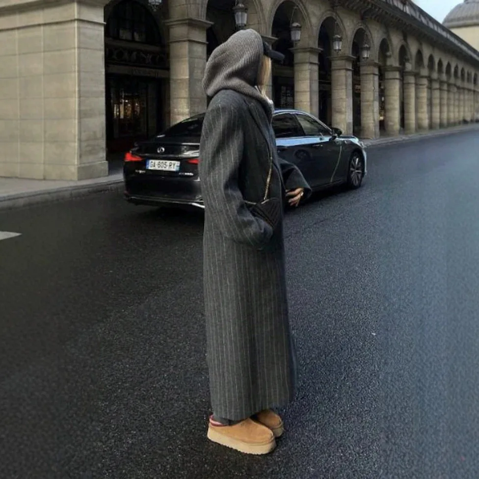 Chic Minimalist Street Style Wool Coat Ladies Pinstripe Pattern Notch Lapel Oversized Maxi Length Elegant Urban Commuter Coat