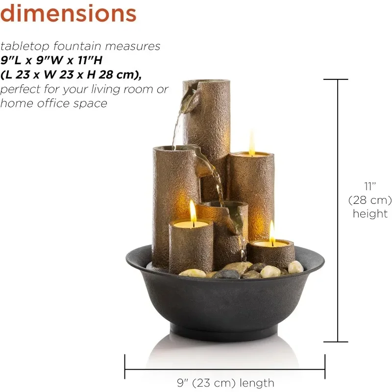 WCT202 Indoor Tabletop Tiered Water Fountain Featuring 3 Candles for Desktop and Table, 11