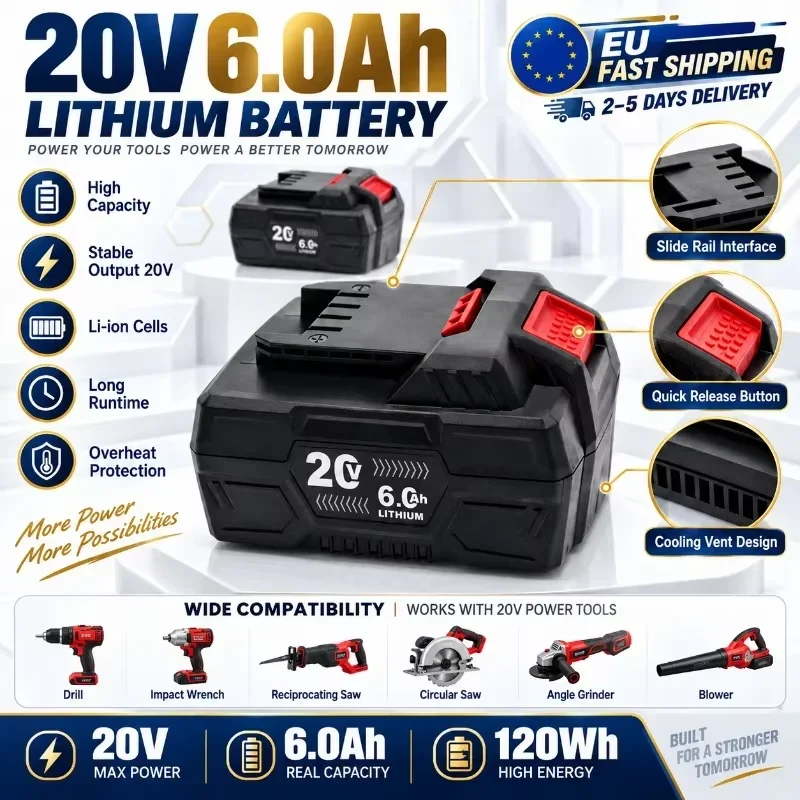 Batteria di ricambio agli ioni di litio da 20 V MAX, 6 Ah, ad alta capacità, con molteplici sistemi di protezione per utensili elettrici a batteria della serie 20 V.