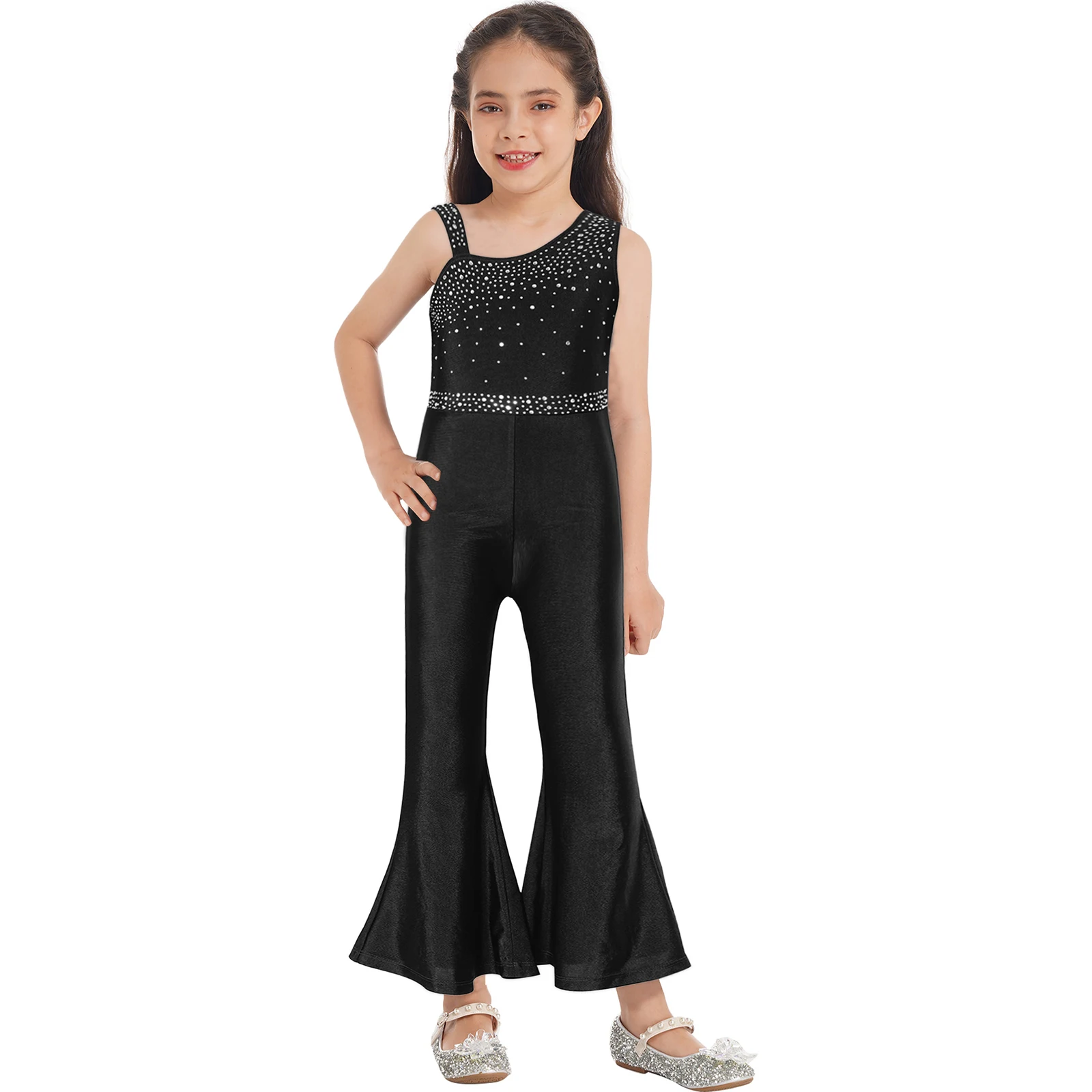 

2023 Summer Kids Girls Soild Dance Wear Sleeveless Oblique Shoulder Shiny Rhinestone Decorated Wide-leg Bell-bottom Jumpsuit