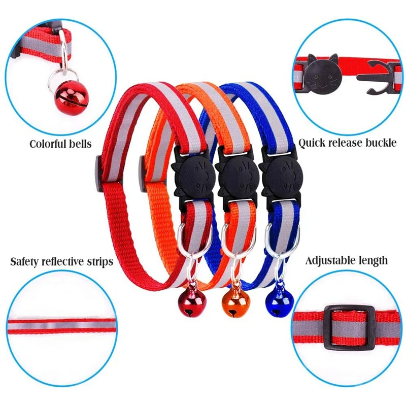 12 Pcs Reflective Cat Collars Quick Release Safety Buckle With Bell Adjustable 19-32Cm (12 Colors)