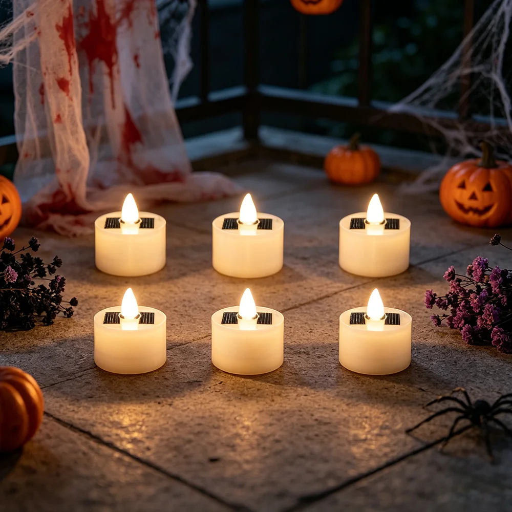 6 Pcs Solar Powered LED Candle Lights, Cylindrical Tea Light Decorations for Outdoor Christmas, Halloween Patio Ambiance Candles