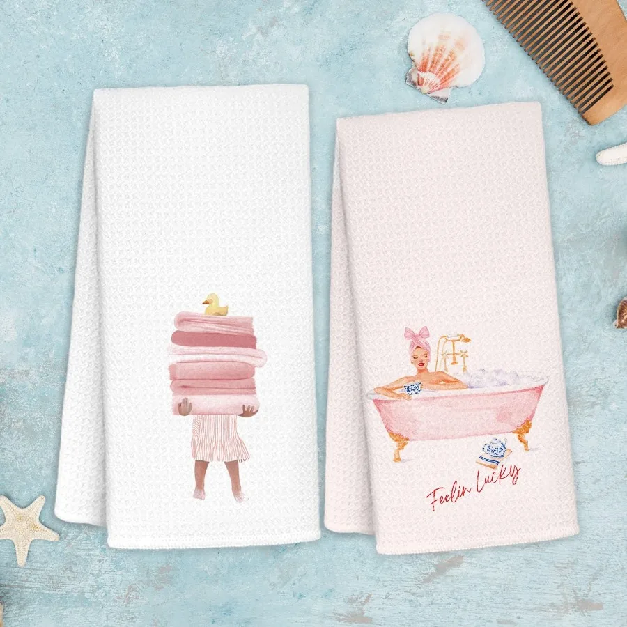 مناشف اليد الوردية اللطيفة للحمام مجموعة من 2 Preppy الوردي الفاتح لطيف منشفة أطباق اليد 16x24 Ih للمطبخ اكسسوارات الحمام Gi