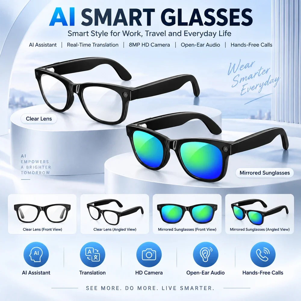 AI Smart Glasses First-Person View 8MP HD Camera Real-time Translation AI Voice Wake-Up with 2000mAh Charging Case Smart Glasses