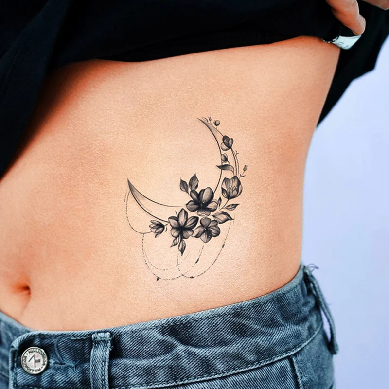 1pc Sweatpea Branch Fake Temporary Tattoos for Women Black Rose Moon Flower Tattoo Sticker Peony Lily Leaves Tatoos Body Art