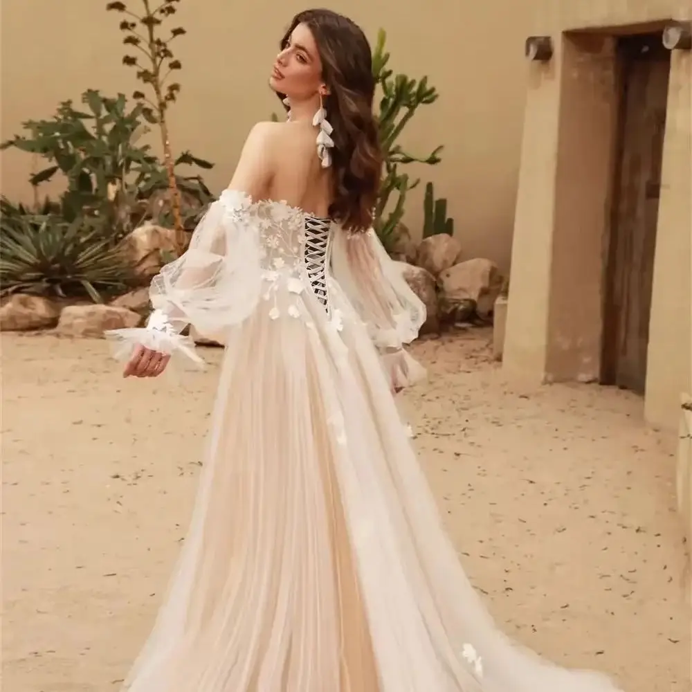 فساتين زفاف الأميرة على شكل حرف a للنساء مزينة بالدانتيل وأكمام واسعة فستان زفاف سويب تراين فيستدو دي نويفا حسب الطلب