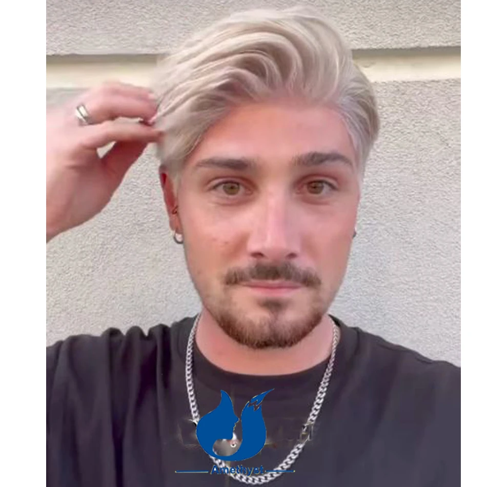 

Amethyst #60 Platinum Blonde Men's Wig Shaved Short Human Hair Wig with Sideburns Full Lace Brazilian Remy Hair Side Part