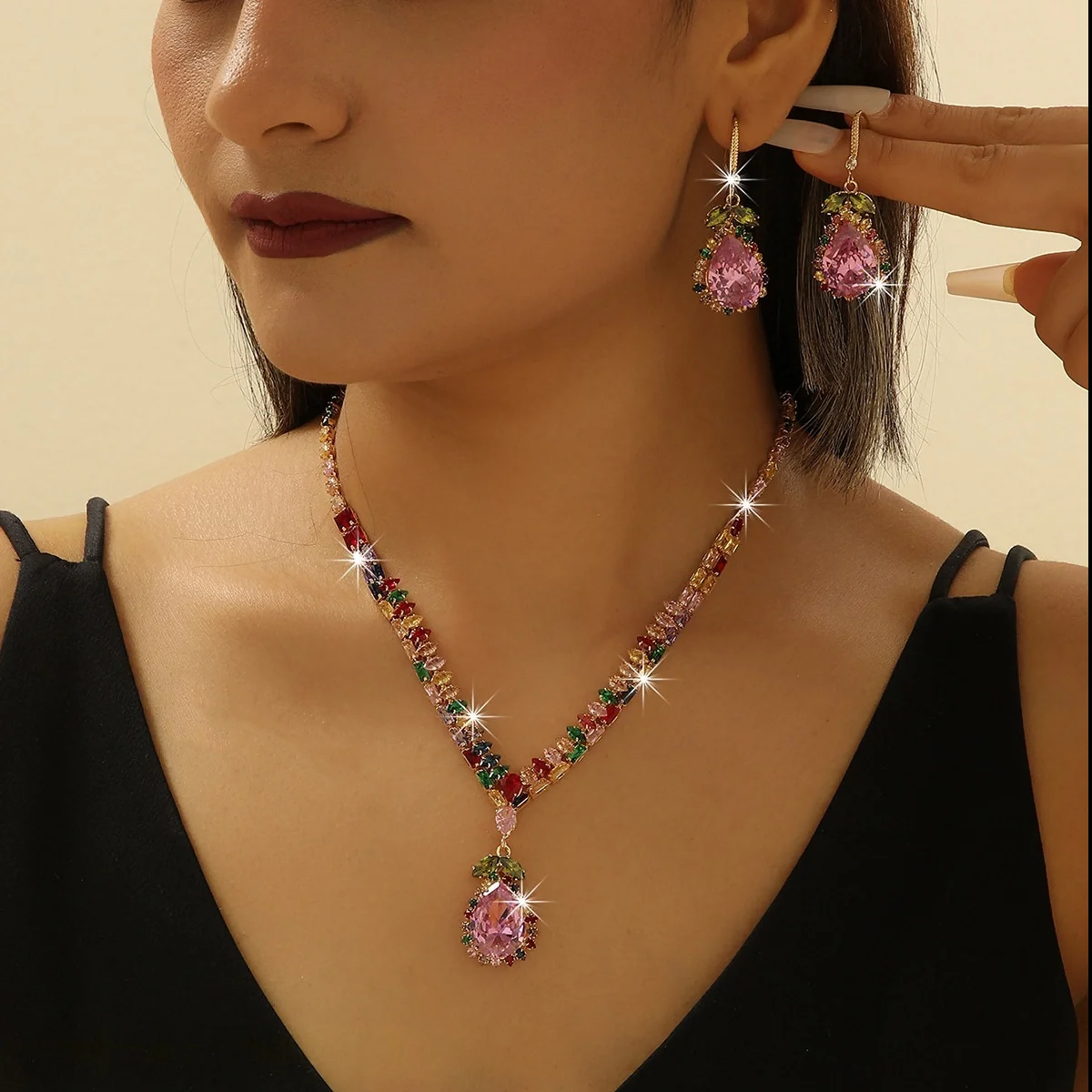 

Luxury Multicolor Pink Teardrop Crystal Jewelry Set for Women, Sparkling Rhinestone Necklace Earrings, Party Prom Gift