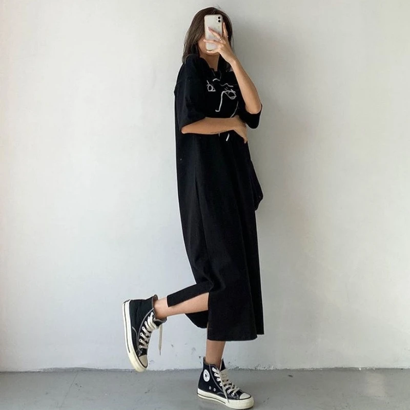Summer Casual Loose Short Sleeve Women's Dress T-Shirt Style Knee-Length plus Size Midi Long Dress Versatile Slimming Effect