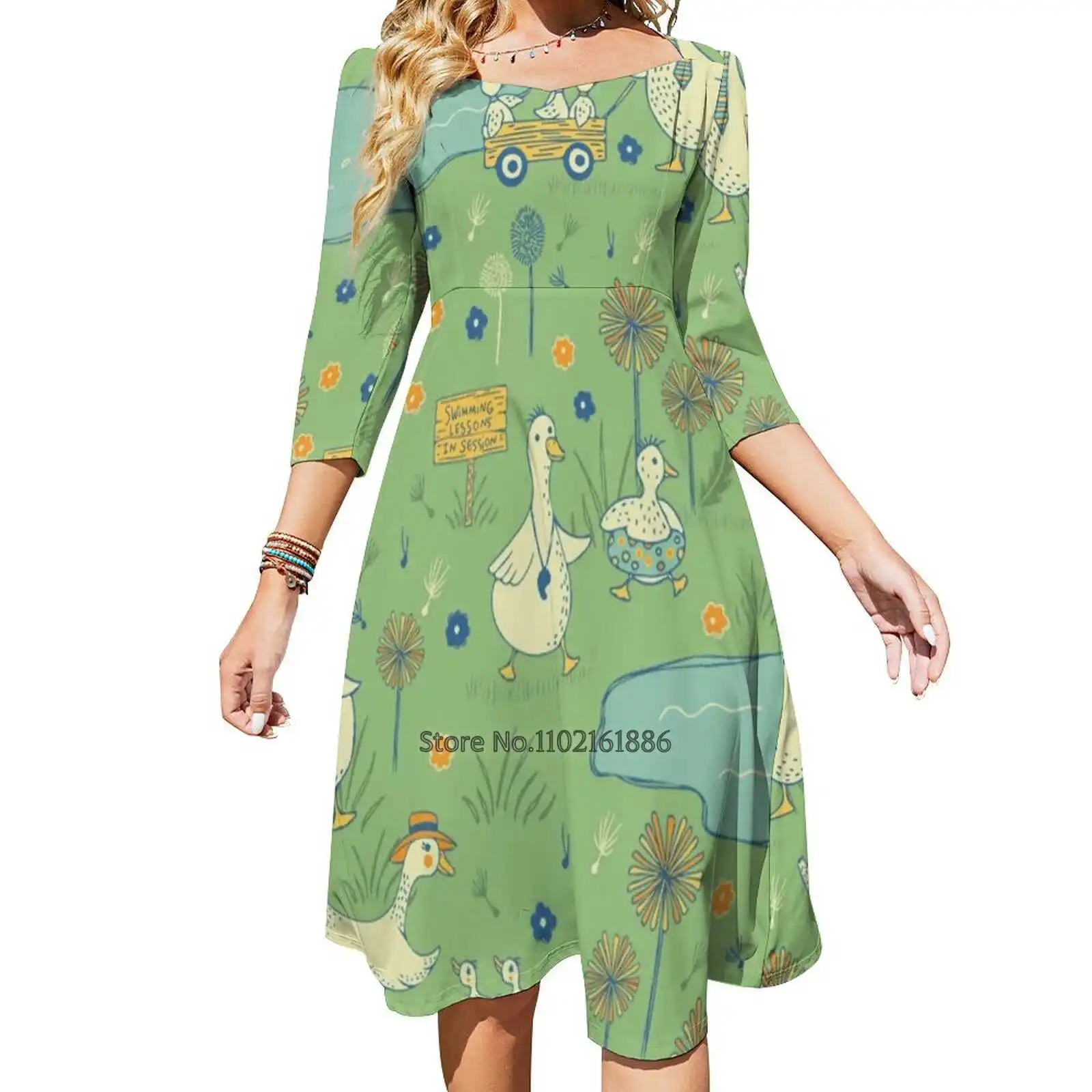 Dandi Ducks Back Lacing Backless Dress Square Neck Dress Sweetheart Knot Flared Dress Ducks Duckling Mama Duck Swimming