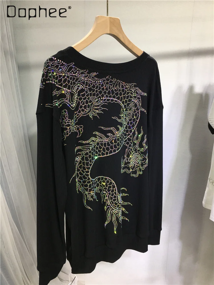 

Heavy Hot Drilling Sweatshirts 2024 Spring Summer Dragon Pattern Round Neck Long Sleeve Top Loose Show Thin Black T-shirt Women